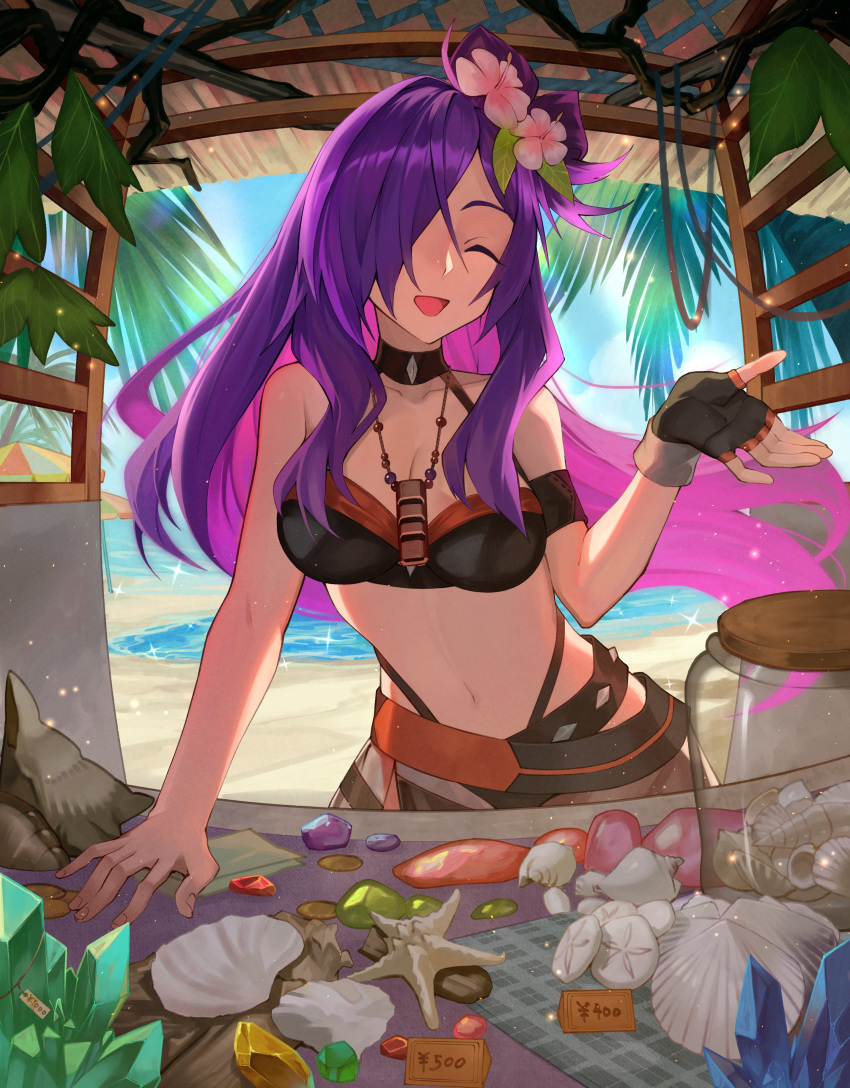 absurdres bare_shoulders bikini black_bikini black_choker breasts choker cleavage closed_eyes facing_viewer female fire_emblem fire_emblem:_three_houses fire_emblem_heroes fire_emblem_warriors:_three_hopes flower hair_flower hair_ornament hair_over_one_eye highres long_hair navel official_alternate_costume purple_hair shez_(female)_(fire_emblem) shez_(female)_(summer)_(fire_emblem) shez_(fire_emblem) smile solo stomach swimsuit teo_(telo_ruka) white_flower