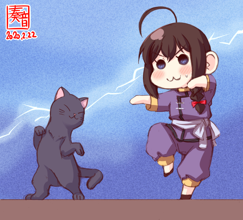 :3 ahoge animal artist_logo black_cat blue_eyes bow braid brown_hair commentary_request cosplay dated feline female fighting_stance g_gundam gundam hair_over_shoulder hairbow highres kanon_(kurogane_knights) kantai_collection master_asia master_asia_(cosplay) red_bow shigure_(kancolle) short_hair single_braid standing standing_on_one_leg