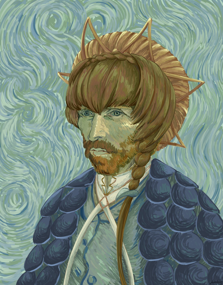 1boy beard blue_eyes braid brown_hair crown_braid facial_hair fate/grand_order fate_(series) fine_art_parody hat highres impressionism kimleon long_hair looking_at_viewer male_focus mature_male meme parody real_life side_braid solo upper_body van_gogh_(fate) van_gogh_self-portrait vincent_van_gogh_(person) vincent_van_gogh_(style) yellow_hat