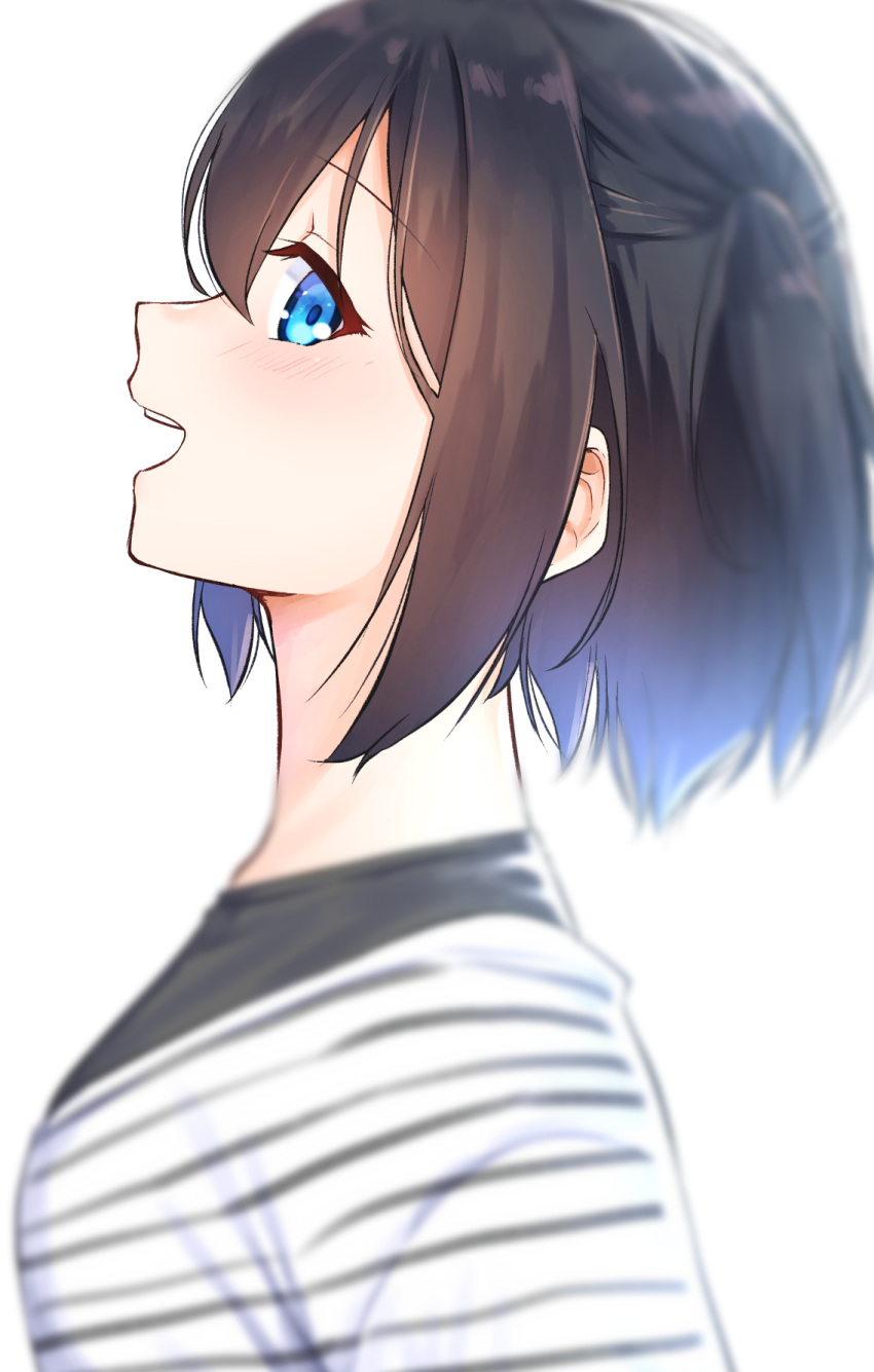 :d black_hair black_shirt blue_eyes blush commentary_request female from_side hair_between_eyes highres looking_at_viewer looking_to_the_side original profile shirt short_hair simple_background smile solo striped_clothes striped_shirt suzunari_shizuku teeth upper_body upper_teeth_only white_background white_shirt yuki_arare