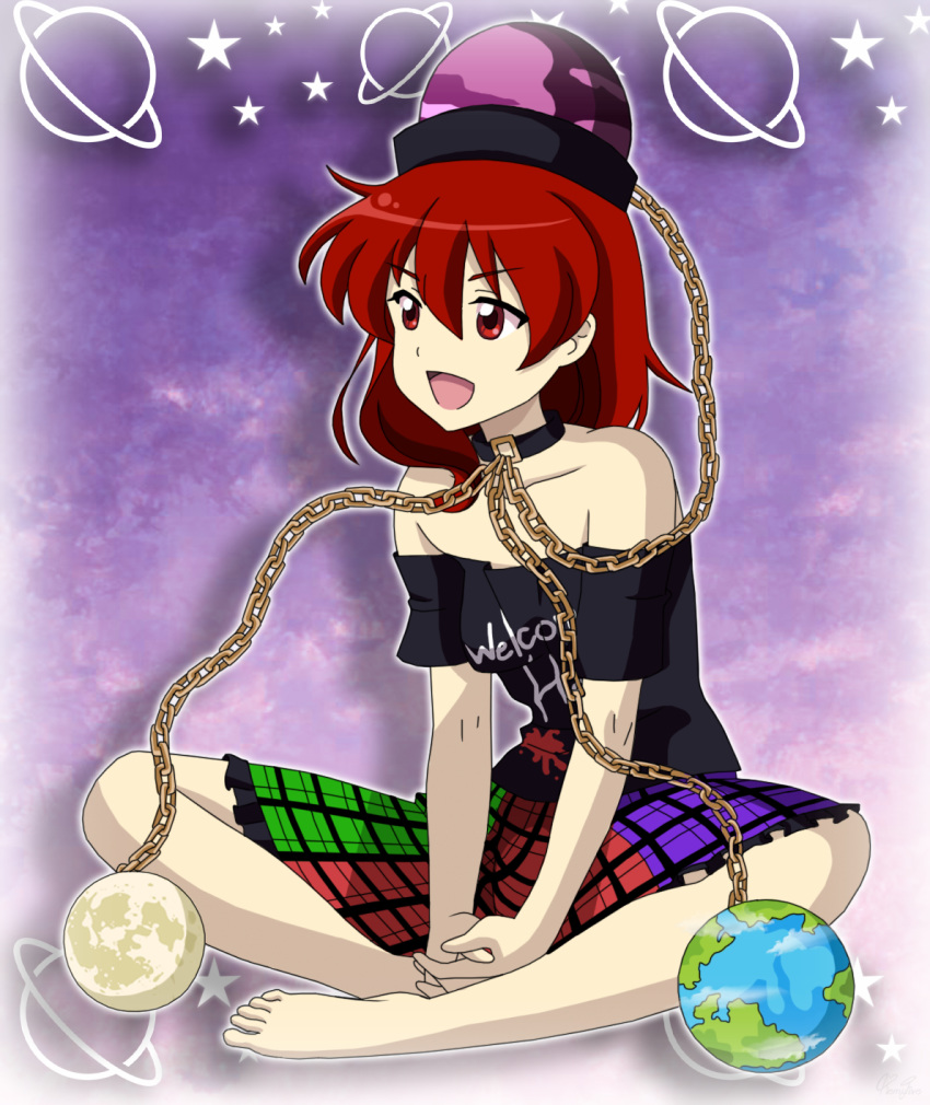 bad_id bad_pixiv_id bare_legs barefoot black_shirt chains clothes_writing collarbone commentary_request earth_(ornament) female frills gold_chain hair_between_eyes hecatia_lapislazuli highres indian_style lunamoon_(style) moon_(ornament) multicolored_clothes multicolored_skirt off-shoulder_shirt off_shoulder open_mouth planetary_ring purple_background red_eyes red_hair remyfive saturn_symbol shirt short_hair simple_background sitting skirt solo star_(symbol) t-shirt touhou