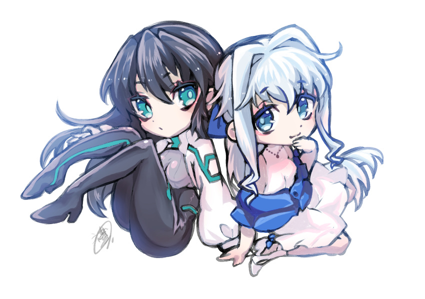 2girls aqua_eyes black_hair blue_eyes blue_hair chibi erinashi_kin fetal_position gundam gundam_build_divers gundam_build_divers_re:rise highres holding_hands looking_at_viewer looking_to_the_side may_(gundam_build_divers_re:rise) multiple_girls sara_(gundam_build_divers) white_background