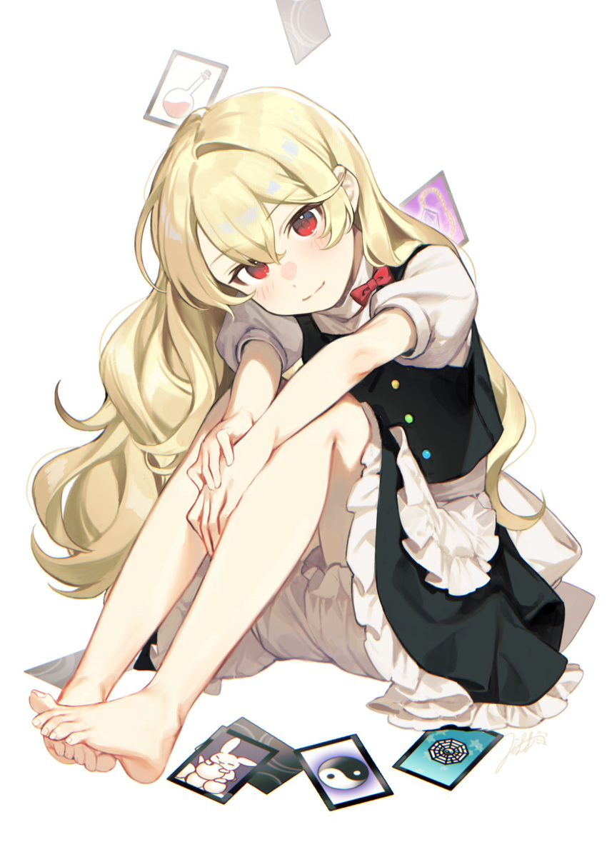 100th_black_market ability_card_(touhou) bagua barefoot blonde_hair bloomers buttons card chromatic_aberration feet female flask hair_between_eyes hair_strand highres jill_07km kirisame_marisa knees_up letter light_smile long_bangs long_hair looking_at_viewer multicolored_buttons no_headwear puffy_sleeves red_eyes round-bottom_flask short_sleeves sidelocks signature simple_background sitting solo toes touhou trigram underwear very_long_hair vial wavy_hair white_background white_bloomers yin_yang yin_yang_print