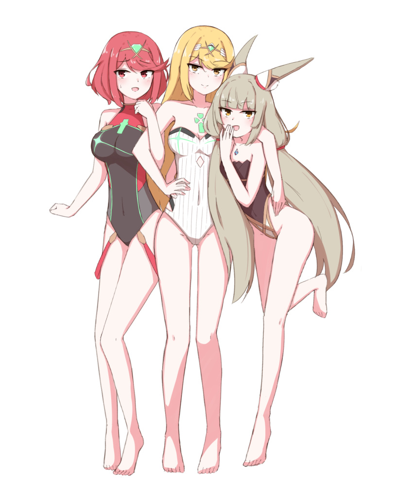 3girls adapted_costume animal_ears arm_around_shoulder bare_legs bare_shoulders barefoot blonde_hair breasts cat_ears chest_jewel chirun0 cleavage grey_hair highleg highleg_swimsuit highres locked_arms long_hair looking_at_viewer multiple_girls mythra_(radiant_beach)_(xenoblade) mythra_(xenoblade) nia_(blade)_(xenoblade) nia_(xenoblade) official_alternate_costume one-piece_swimsuit pyra_(pro_swimmer)_(xenoblade) pyra_(xenoblade) red_hair short_hair smile standing strapless strapless_one-piece_swimsuit swimsuit thigh_gap tiara very_long_hair xenoblade_chronicles_(series) xenoblade_chronicles_2