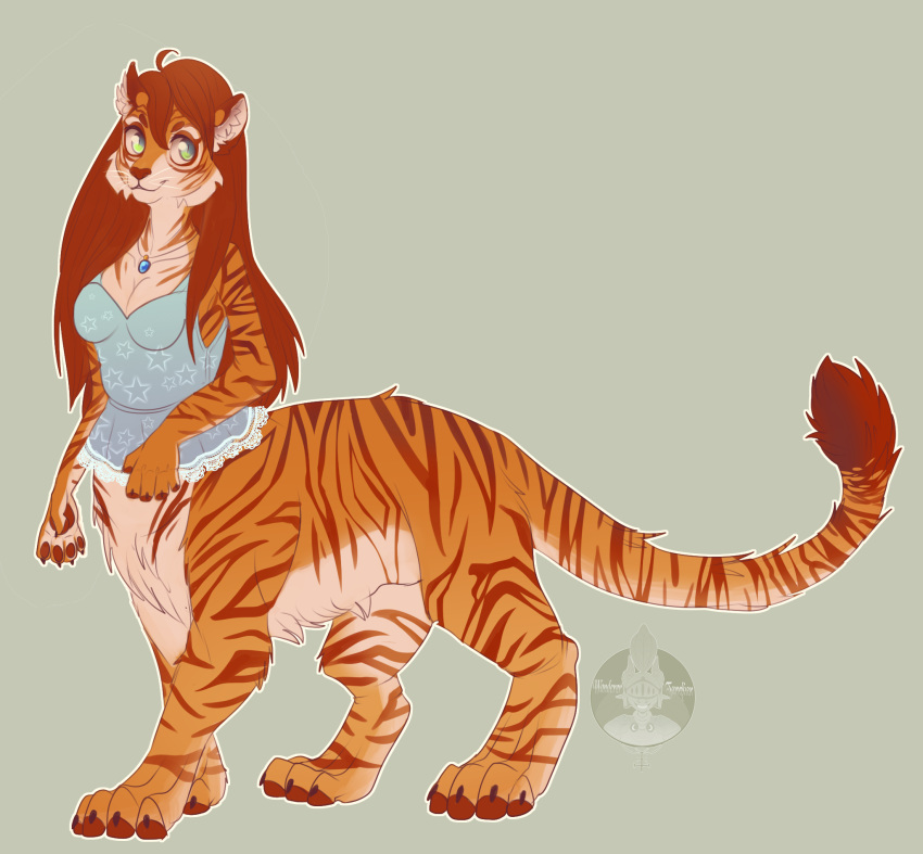 2020 breasts clothed clothing digital_media_(artwork) feet felid female fur hair hi_res mammal orange_body pantherine solo striped_body stripes taur tiger toes toony wanderertamplior