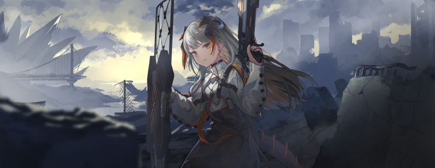 absurdres arknights broken_bridge building cloud cloudy_sky commentary dragon_girl dragon_horns dragon_tail earrings female grey_hair gun highres holding holding_gun holding_shield holding_weapon horns jewelry long_hair long_sleeves looking_at_viewer metsurin nail_polish orange_nails outdoors red_eyes ruins saria_(arknights) shield sky solo tail weapon