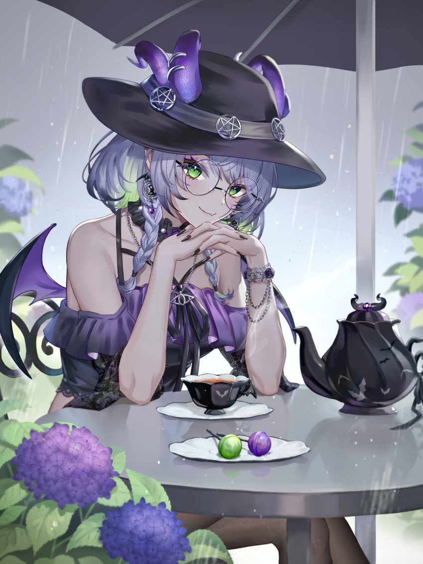 absurdres apricot_the_lich apricot_the_lich_(froot_2.0) bad_id bad_pixiv_id black_nails braid breasts candy commentary cup demon_girl demon_horns demon_wings earrings english_commentary female flower food glasses green_eyes green_hair hat highres horns inverted_pentagram jewelry lollipop looking_at_viewer medium_breasts multiple_horns nail_polish necklace oerba_yun_fang pantyhose plant plate rain reflection revision skin_fang slit_pupils smile solo table tea teacup teapot tolo_mag twin_braids virtual_youtuber vshojo wings