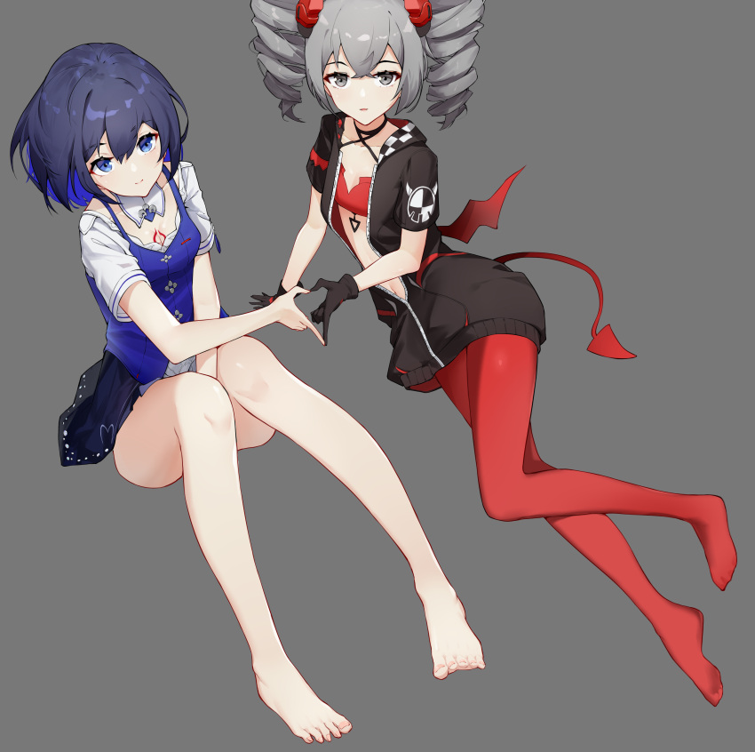 2girls :o absurdres bad_id bad_pixiv_id bare_shoulders barefoot black_gloves black_jacket blue_eyes blue_hair bronya_zaychik bronya_zaychik_(yamabuki_armor) closed_mouth demon_tail demon_wings drill_hair full_body gloves grey_background grey_eyes grey_hair heart heart_hands highres honkai_(series) honkai_impact_3rd jacket leggings looking_at_viewer multiple_girls no_shoes open_mouth pantyhose red_legwear seele_vollerei seele_vollerei_(swallowtail_phantasm) short_hair short_sleeves simple_background smile soles tail tattoo toes twin_drills wings yukizawa_xueze yuri