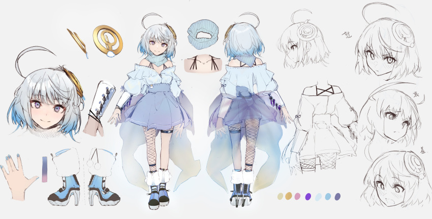 absurdres ahoge akieda blue_eyes blue_hair cloud_horizon female gradient_hair grey_background grey_hair high_heels highres multicolored_hair multiple_views reference_sheet second-party_source standing ubye virtual_youtuber