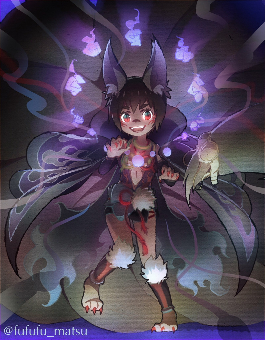 animal_ear_fluff animal_ears barefoot black_cape blue_fire brown_hair cape clothing_cutout dark-skinned_female dark_skin elbow_gloves fire fox_ears fox_girl fox_tail funuyu gloves highres hitodama inuyama_kinko kitsune kyuubi looking_at_viewer multiple_tails navel_cutout osomatsu-san osomatsu_(series) paw_pose red_eyes red_nails short_hair side_slit tail toe_claws