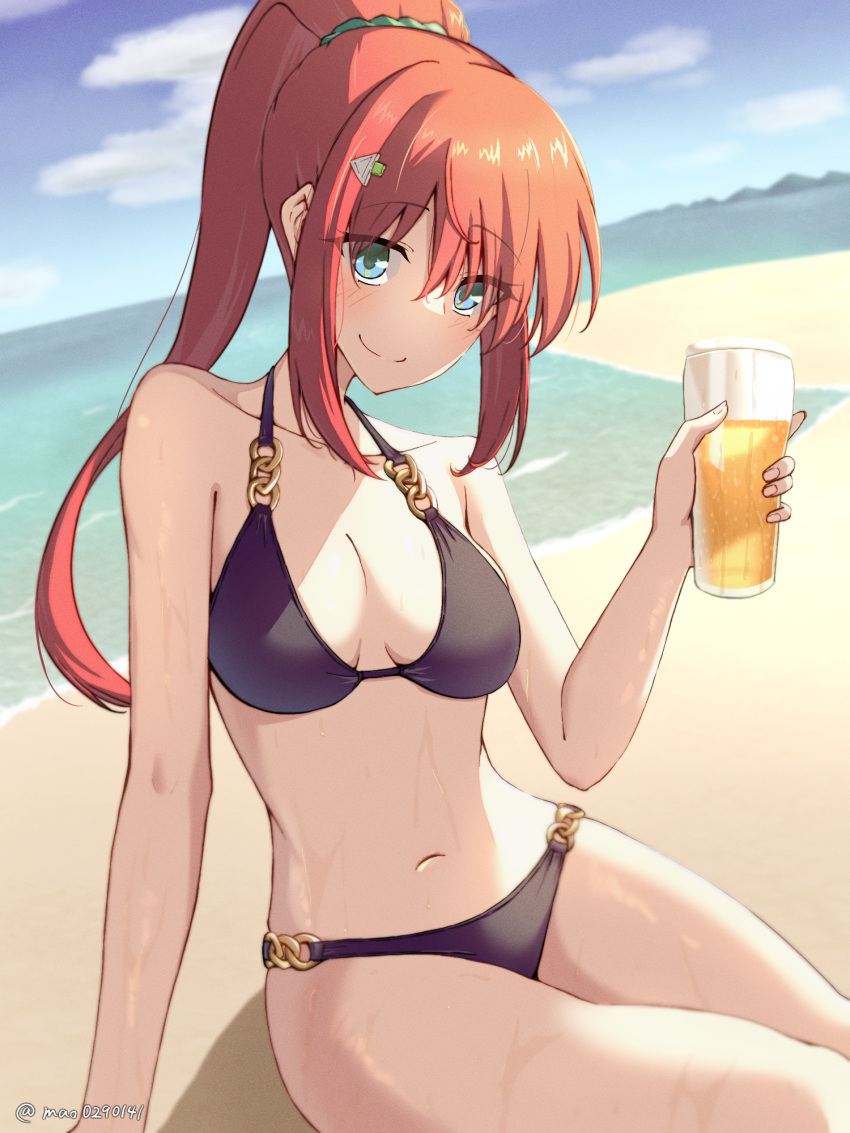 alcohol arm_support beach beer bikini blue_sky breasts cloud day female glass green_eyes highres horizon large_breasts long_hair looking_at_viewer m.a.o navel o-ring o-ring_bikini o-ring_bottom o-ring_top ocean orange_hair outdoors ponytail sidelocks sky solo swimsuit twitter_username warship_girls_r wichita_(warship_girls_r)