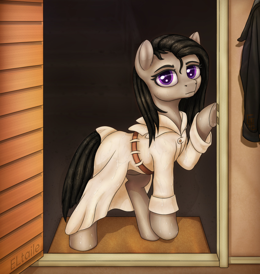 absurd_res belt black_hair clothed clothed_feral clothing coat door elronya eltaile equid equine female feral friendship_is_magic fur grey_body grey_fur hair hasbro hi_res horse inside jacket looking_at_viewer mammal my_little_pony octavia_(mlp) pony raincoat raindrops solo topwear wet wet_mane