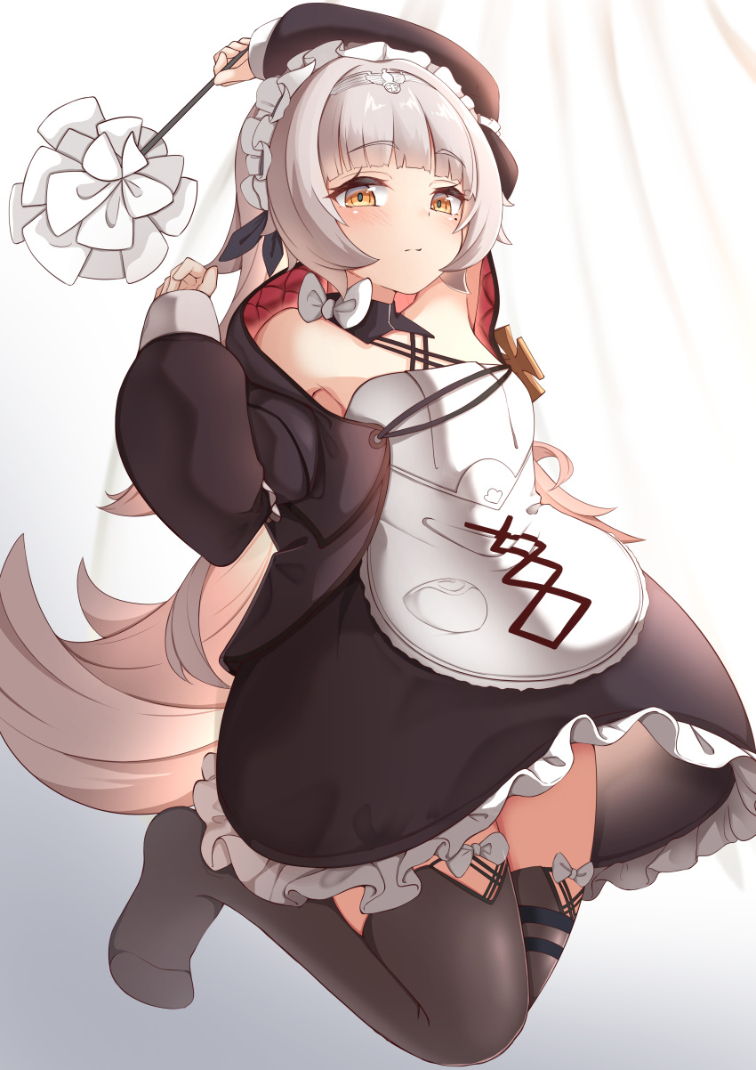 absurdres apron arm_up azur_lane bare_shoulders beret black_hat black_jacket black_skirt black_thighhighs blush brown_eyes closed_mouth commentary_request duster female frilled_skirt frills grey_hair hand_up hat headpiece highres holding jacket long_hair long_sleeves looking_at_viewer moyoron official_alternate_costume puffy_long_sleeves puffy_sleeves skirt solo standing standing_on_one_leg thighhighs tilted_headwear very_long_hair waist_apron white_apron z46_(azur_lane) z46_(chronicles_of_the_dust_wars)_(azur_lane)