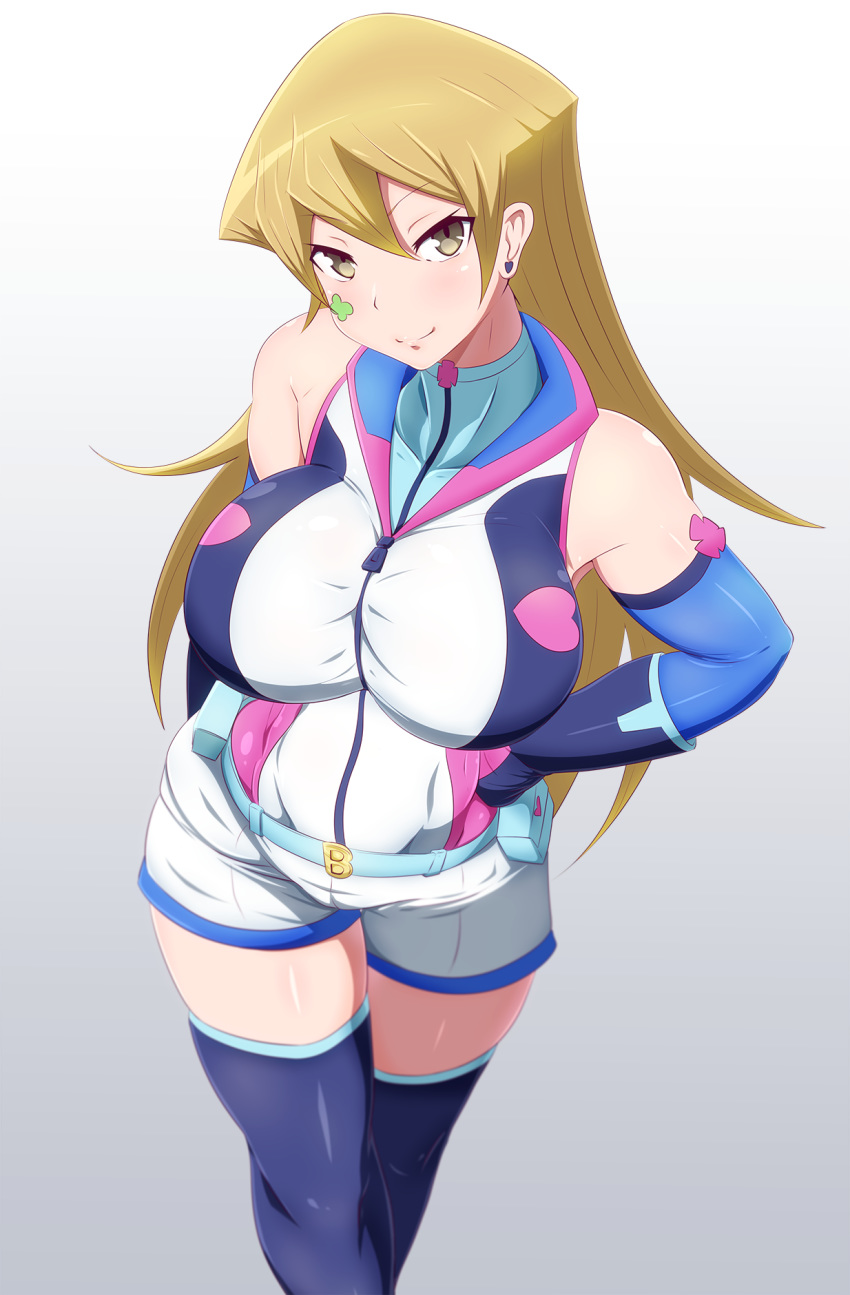 blonde_hair blue_girl blue_girl_(cosplay) breasts brown_eyes closed_mouth commentary_request cosplay danpu female gloves highres large_breasts long_hair looking_at_viewer shiny_skin shorts simple_background smile solo tenjouin_asuka yu-gi-oh! yu-gi-oh!_gx yu-gi-oh!_vrains