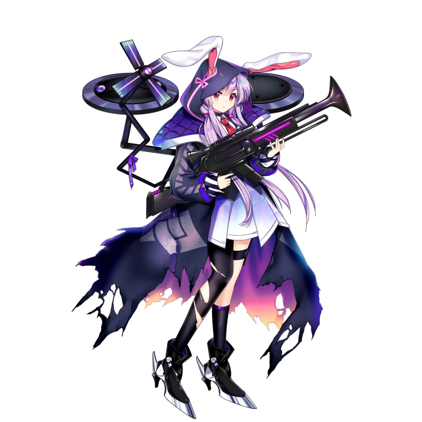 alternate_costume animal_ears antique_firearm armored_shoes asymmetrical_legwear blunderbuss breasts female flight_pack game_cg glowing glowing_eye gun highres jacket necktie official_art pouch purple_hair rabbit_ears rabbit_girl reisen_udongein_inaba reisen_udongein_inaba_(lunar_war_soldier) rotte_(1109) science_fiction shoes skirt socks solo thighhighs torn_clothes torn_jacket torn_thighhighs touhou touhou_lostword weapon white_background