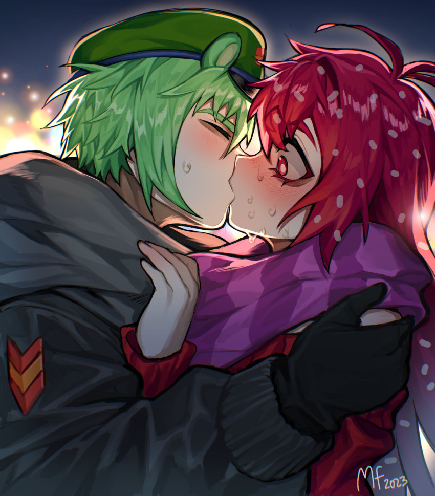 1boy beret black_jacket dated female flaky_(happy_tree_friends) flippy_(happy_tree_friends) gloves green_hair happy_tree_friends hat highres humanization jacket kissing long_hair mary_felizola personification purple_scarf red_eyes red_hair scarf signature straight sweat upper_body