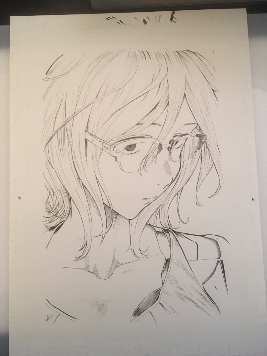 bra commentary dagashi_kashi female glasses greyscale highres kotoyama looking_at_viewer medium_hair monochrome open_mouth owari_hajime semi-rimless_eyewear simple_background solo underwear upper_body