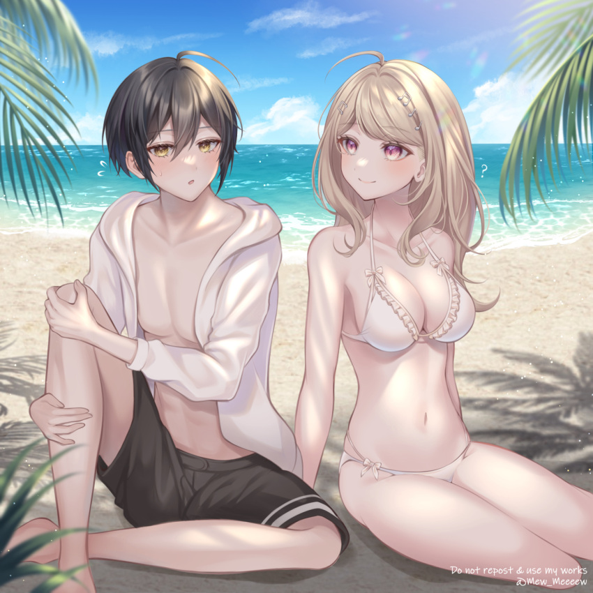 1boy :o ? ahoge akamatsu_kaede arm_support bangs banned_artist bare_shoulders beach bikini black_hair black_male_swimwear blonde_hair blush breasts cleavage closed_mouth cloud collarbone commentary_request danganronpa_(series) danganronpa_s:_ultimate_summer_camp danganronpa_v3:_killing_harmony day female flying_sweatdrops frilled_bikini frills hair_between_eyes hair_ornament highres hood hooded_jacket jacket knee_up long_hair long_sleeves looking_at_another looking_at_viewer male_swimwear nabekokoa navel ocean official_alternate_costume open_clothes open_jacket open_mouth outdoors saihara_shuuichi short_hair side-tie_bikini sitting smile stomach swimsuit water white_bikini white_jacket