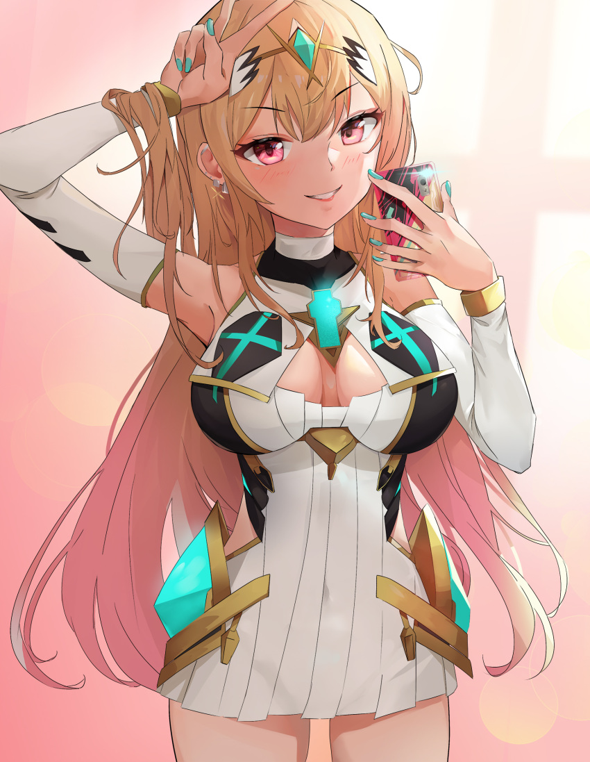 bare_shoulders blonde_hair breasts chest_jewel cleavage cleavage_cutout clothing_cutout cosplay dress earrings elbow_gloves female gloves highres jewelry kiiro_kimi kitagawa_marin long_hair medium_breasts mythra_(xenoblade) mythra_(xenoblade)_(cosplay) short_dress solo sono_bisque_doll_wa_koi_wo_suru swept_bangs tiara very_long_hair white_dress white_gloves xenoblade_chronicles_(series) xenoblade_chronicles_2