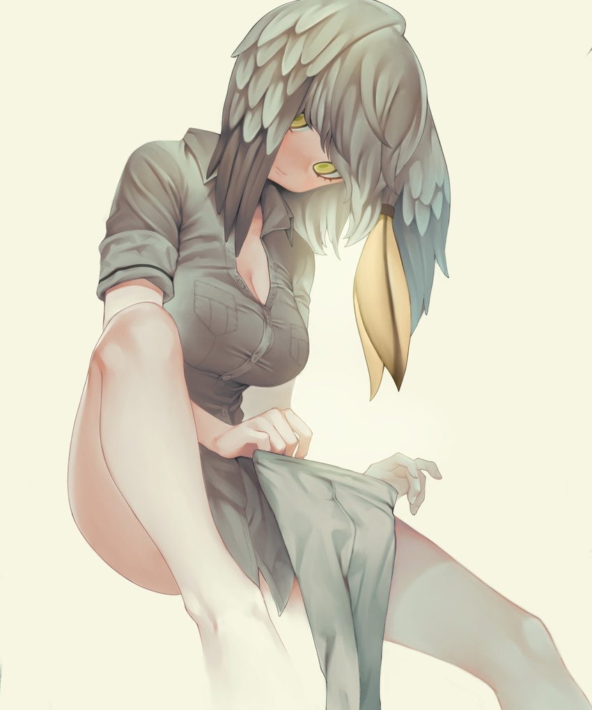 bird_wings bottomless breast_pocket breasts cleavage closed_mouth female green_eyes grey_hair grey_legwear grey_shirt head_wings highres holding kemono_friends medium_breasts medium_hair mifu_(b24vc1) multicolored_hair pantyhose pantyhose_removed pocket shirt shoebill_(kemono_friends) short_sleeves simple_background solo wings yellow_background