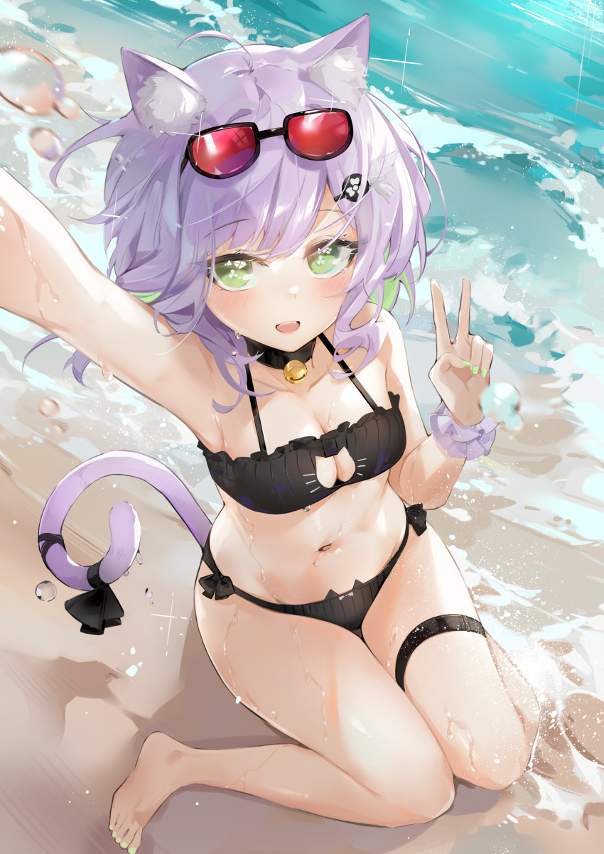 :d absurdres animal_ears beach bell bikini black_bikini black_choker breasts cat_cutout cat_ear_bikini cat_ears cat_girl cat_tail choker cleavage cleavage_cutout clothing_cutout colored_inner_hair commission dema_hmw eyewear_on_head female green_eyes green_hair highres indie_virtual_youtuber jingle_bell looking_at_viewer medium_breasts multicolored_hair navel neck_bell sand selfie short_hair shwaa sitting smile solo stomach sunglasses swimsuit tail thigh_strap v virtual_youtuber wariza water wet