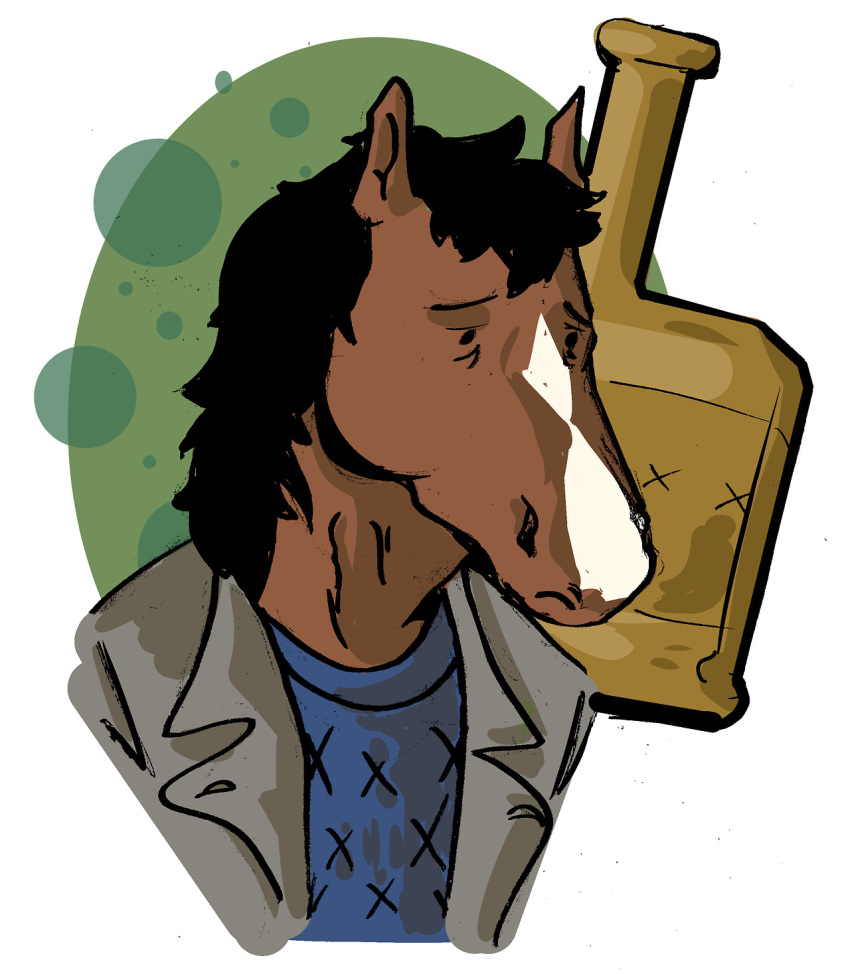 alcohol anthro beverage black_mane bojack_horseman bojack_horseman_(character) bottle container diamond_(marking) equid equine facial_markings head_markings hi_res horse ink_pocket male mammal mane markings netflix sad simple_background solo whiskey white_background