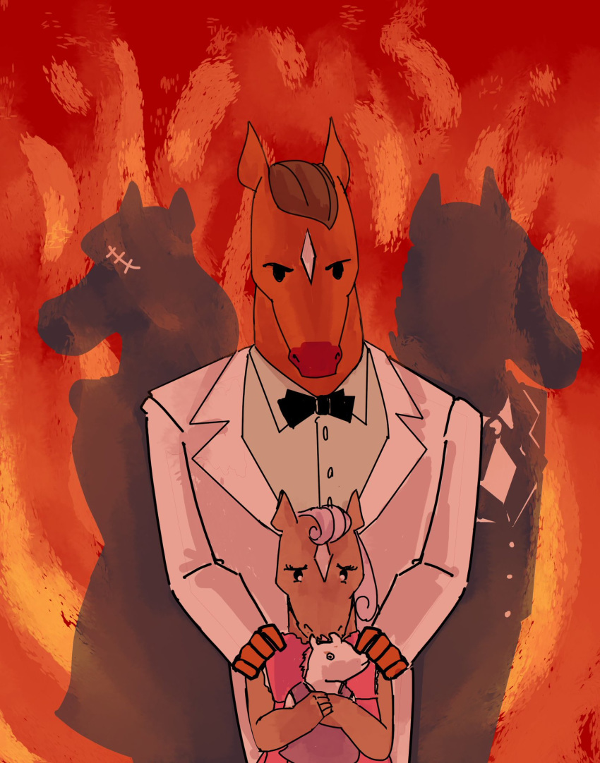 2019 anthro beatrice_horseman bojack_horseman bow_tie brown_hair crackerjack_sugarman diamond_(marking) digital_media_(artwork) doll equid equine facial_markings female fire hair head_markings honey_sugarman horse ink_pocket joseph_sugarman lolicon male mammal markings necktie netflix scar shadow young