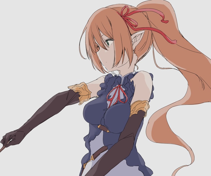 alternate_hairstyle arisa_(shadowverse) arrow_(projectile) bare_shoulders belt black_gloves blonde_hair blue_dress breasts closed_mouth dress elbow_gloves elf female floating_hair gloves green_eyes grey_background hair_ribbon holding holding_weapon kohaku_q long_hair looking_to_the_side medium_breasts pointy_ears ponytail princess_connect! ribbon shadowverse simple_background sleeveless sleeveless_dress solo upper_body weapon