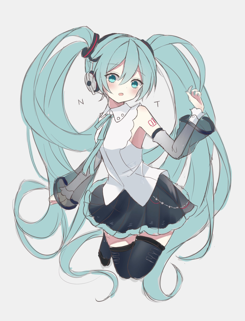 absurdly_long_hair aqua_eyes aqua_hair aqua_ribbon bad_id bad_twitter_id bare_shoulders black_skirt black_thighhighs commentary detached_sleeves female full_body grey_background hair_ornament hand_up hatsune_miku hatsune_miku_(nt) headphones highres layered_sleeves legs_up long_hair miniskirt neck_ribbon noneon319 open_mouth piano_print piapro pleated_skirt ribbon see-through see-through_sleeves shirt shoulder_tattoo skirt sleeveless sleeveless_shirt solo tattoo thighhighs twintails very_long_hair vocaloid white_shirt white_sleeves zettai_ryouiki