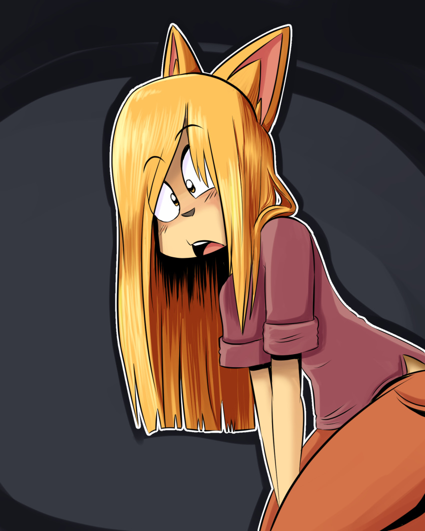 4:5 amhidden anthro blonde_hair blush bottomwear clothed clothing domestic_cat felid feline felis female fully_clothed fur grey_background hair hi_res long_hair looking_at_viewer mammal open_mouth orange_bottomwear orange_clothing orange_pants pants portrait red_clothing red_shirt red_topwear rolled_up_sleeves shirt shocked simple_background sitting solo straight_hair tan_body tan_fur three-quarter_portrait topwear yellow_eyes