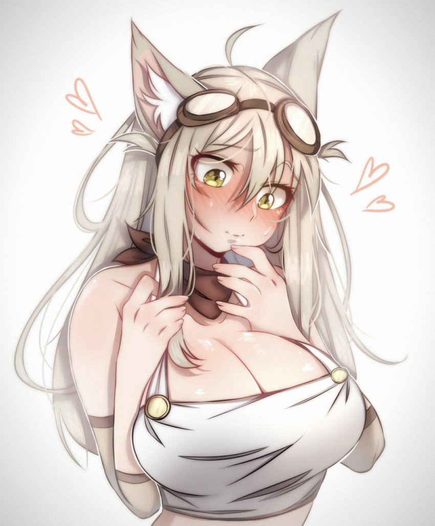 adahams animal_ears blush breasts elbow_pads female fox fox_ears goggles goggles_on_head green_eyes grey_hair hair_flaps halterneck highres large_breasts lily_the_mechanic lost_pause mechanic solo upper_body