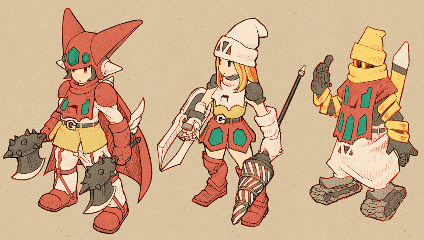 1boy 2girls axe beanie belt black_belt black_hair black_mage_(final_fantasy) blonde_hair caterpillar_tracks drill dual_wielding final_fantasy final_fantasy_tactics fusion getter-1 getter-2 getter-3 getter_robo getter_robo_(1st_series) gloves hat helmet holding holding_axe holding_polearm holding_shield holding_weapon lance mecha_musume multiple_girls open_hand pants parody personification polearm red_eyes red_gloves red_skirt scarf shield skirt spikes style_parody weapon white_gloves white_pants wu_niang yellow_eyes yellow_headwear yellow_scarf yellow_skirt yoshida_akihiko_(style)