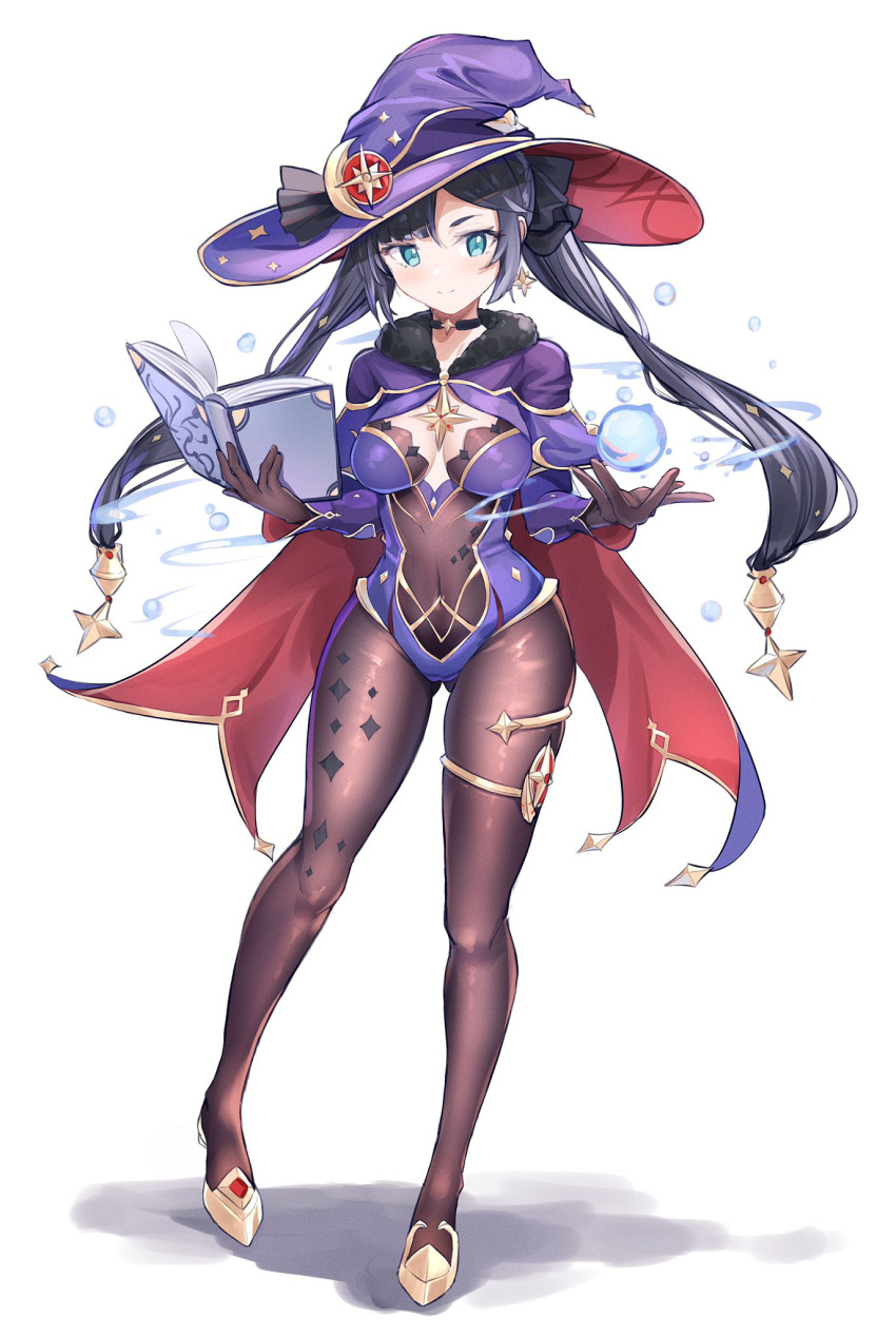 ass_visible_through_thighs black_choker black_hair blue_eyes book breasts brown_gloves brown_pantyhose cape choker commentary_request female fine_fabric_emphasis full_body genshin_impact gloves gu_luco hat highres holding jewelry leotard long_hair looking_at_viewer medium_breasts mona_(genshin_impact) orb pantyhose partial_commentary purple_hat purple_leotard shoes simple_background smile solo thighlet twintails very_long_hair water white_background witch_hat