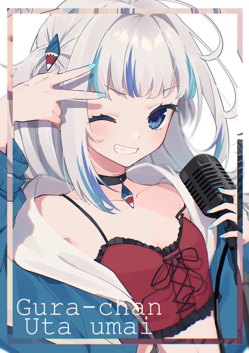 alternate_costume blue_eyes blue_hair blue_nails bodice breasts character_name choker commentary female frills gawr_gura grey_hair grin highres hololive hololive_english looking_at_viewer microphone mochizuki_mochi multicolored_hair one_eye_closed open_mouth red_bodice romaji_text sharp_teeth small_breasts smile solo streaked_hair teeth translated two-tone_hair two_side_up v virtual_youtuber