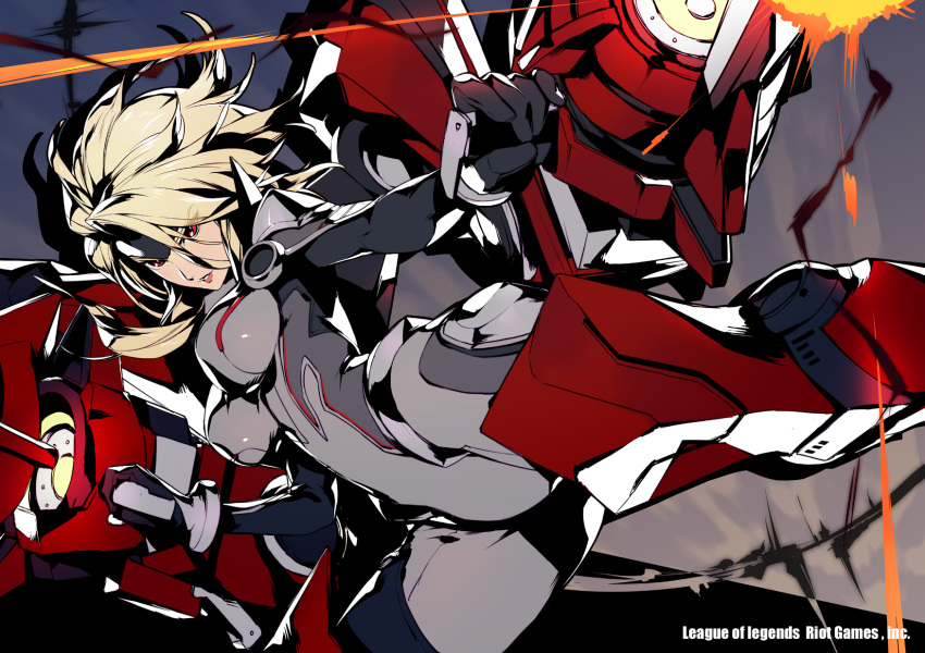 alternate_color alternate_costume bodysuit breasts commentary_request female firing flying forehead_protector gun_goddess_miss_fortune high_contrast highres kotatsu_(g-rough) large_breasts league_of_legends long_hair mecha_musume miss_fortune_(league_of_legends) muzzle_flash official_art platinum_blonde_hair power_suit red_eyes shoulder_cannon skin_tight solo