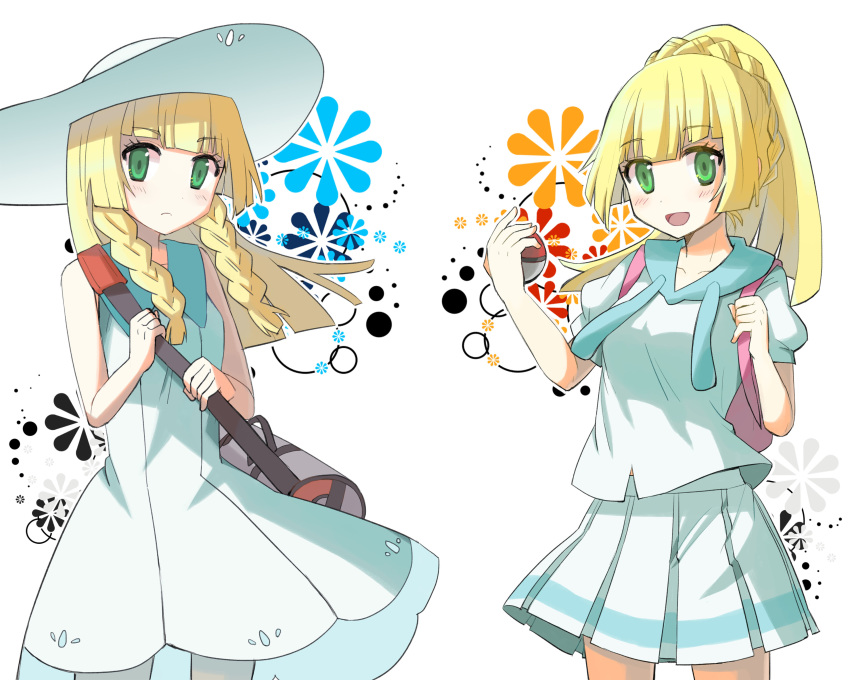 bag blonde_hair blunt_bangs blush braids dress dual_persona female green_eyes hat holding_bag holding_object lillie_(pokemon) long_hair looking_at_viewer multiple_persona pleated pleated_skirt pokeball pokemon pokemon_sun_&_moon ponytail skirt white_dress white_hat