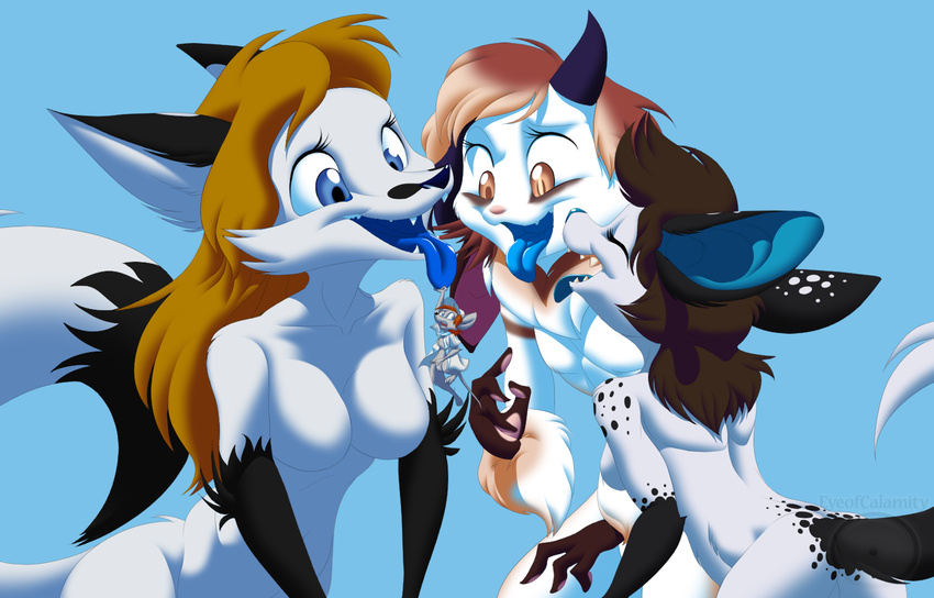 2015 anthro blonde_hair blue_eyes blue_tongue breast_size_difference breasts brown_eyes brown_hair canid canine chest_tuft closed_eyes colored corrie_(corrie_zodori) dangling doornob drigi eyeofcalamity eyeofcalamity_(character) featureless_breasts female fox fur gloves_(marking) group hair imminent_vore larger_female long_hair looking_down male mammal markings mawplay micro mouse murid murine nude open_mouth predator/prey red_hair rodent shaded size_difference smaller_male spots tongue tongue_out tuft white_body white_fur