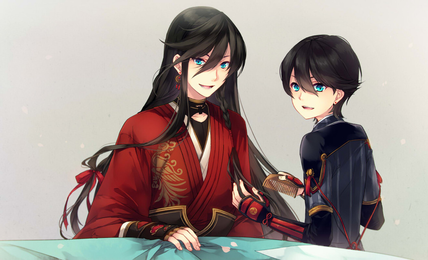 2boys black_hair blue_eyes braid comb commentary_request earrings endend_(shinia) horikawa_kunihiro izumi-no-kami_kanesada japanese_clothes jewelry long_hair male_focus multiple_boys open_mouth side_braid smile touken_ranbu very_long_hair