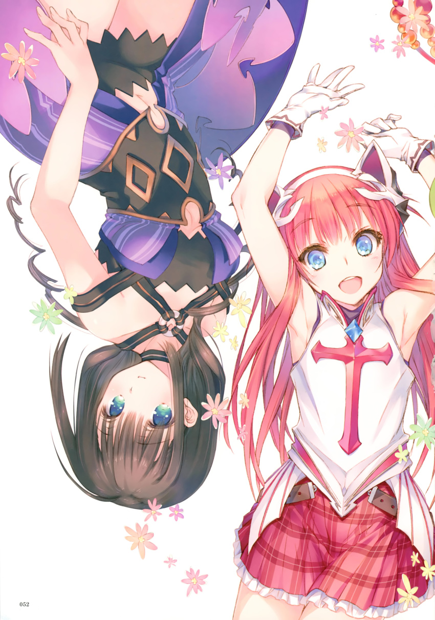 2girls absurdres alisia_heart aqua_eyes aquaplus armpits arms_up bare_arms bare_shoulders blue_eyes breasts choker dress dungeon_travelers_2 flower frills gloves hair_ornament highres kawata_hisashi long_hair looking_at_viewer lying medium_breasts melvy_de_florencia mitsumi_misato multiple_girls official_art on_back open_mouth red_hair scan short_dress sidelocks simple_background skirt sleeveless smile white_background white_gloves