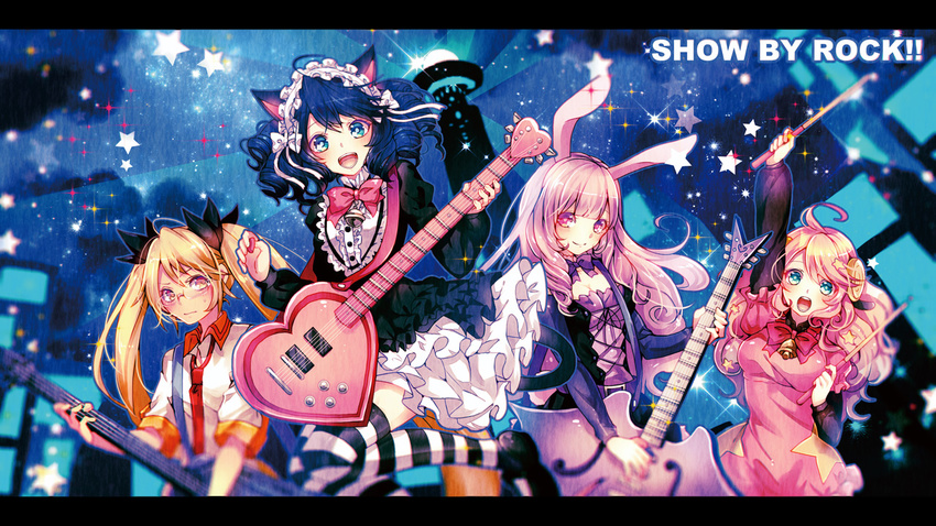 4girls animal_ears bad_id bad_pixiv_id bell blonde_hair blue_eyes blue_hair blush bow cat_ears cat_girl cat_tail chuchu_(show_by_rock!!) collar copyright_name curly_hair cyan_(show_by_rock!!) frilled_skirt frills guitar hair_ornament happy heart_guitar horns instrument letterboxed long_hair moa_(show_by_rock!!) multiple_girls neck_bell open_mouth pink_bow pink_eyes pink_hair rabbit_ears retoree_(show_by_rock!!) sazanami_shione sheep_ears sheep_horns show_by_rock!! skirt smile strawberry_heart_(show_by_rock!!) tail thighhighs