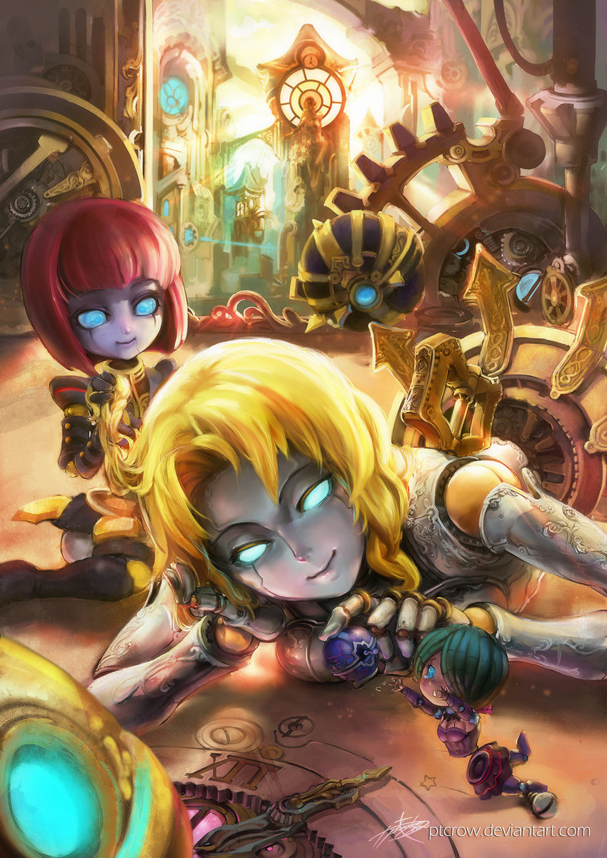 3girls android ball bladecraft_orianna blonde_hair blue_eyes breast_press breasts clock clockwork commentary_request dual_persona gears green_hair highres joints korean_commentary league_of_legends medium_breasts multiple_girls no_humans orianna_(league_of_legends) phantom_ix_row photoshop_(medium) red_hair robot robot_joints short_hair skirt smile spikes winding_key