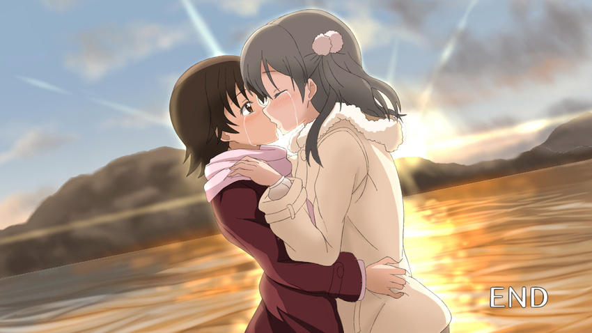 2girls bad_id bad_pixiv_id banboro_(technobot) blush brown_eyes brown_hair closed_eyes fake_screenshot hair_ornament hand_on_another's_shoulder hug jacket kissing mitani_kanae multiple_girls outdoors sawatari_fuu short_hair sunset tamayura tears yuri