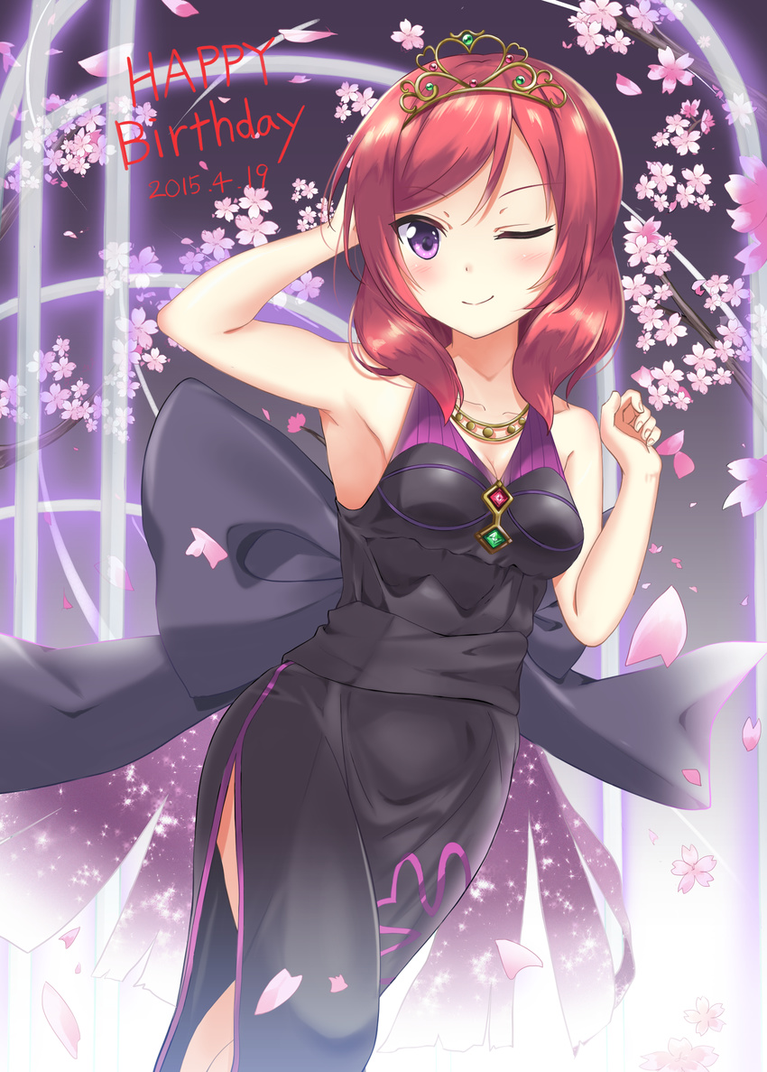 ;) absurdres armpits bad_id bad_pixiv_id closed_mouth female highres karumayu love_live! love_live!_school_idol_project nishikino_maki one_eye_closed petals purple_eyes red_hair short_hair smile soldier_game solo