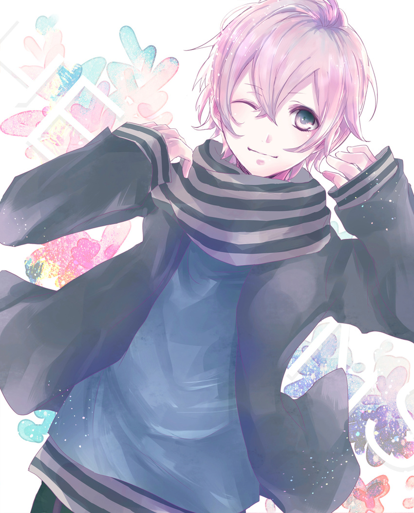 1boy alicetype bad_id bad_pixiv_id grey_eyes highres jacket male_focus mikado_nagi one_eye_closed photoshop_(medium) pink_hair scarf smile solo uta_no_prince-sama uta_no_prince-sama_maji_love_2000_percent