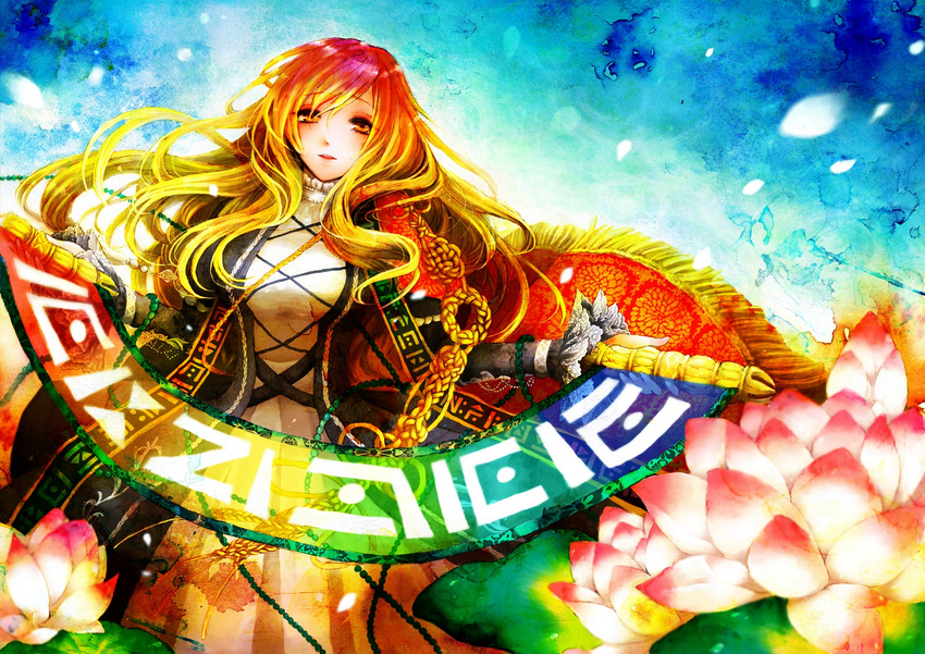 blue_background breasts brown_hair commentary_request female gradient_hair highres hijiri_byakuren kido_(choushouya) large_breasts light_smile long_hair long_sleeves looking_at_viewer multicolored_hair open_mouth petals purple_hair solo sorcerer's_sutra_scroll touhou two-tone_hair upper_body yellow_eyes