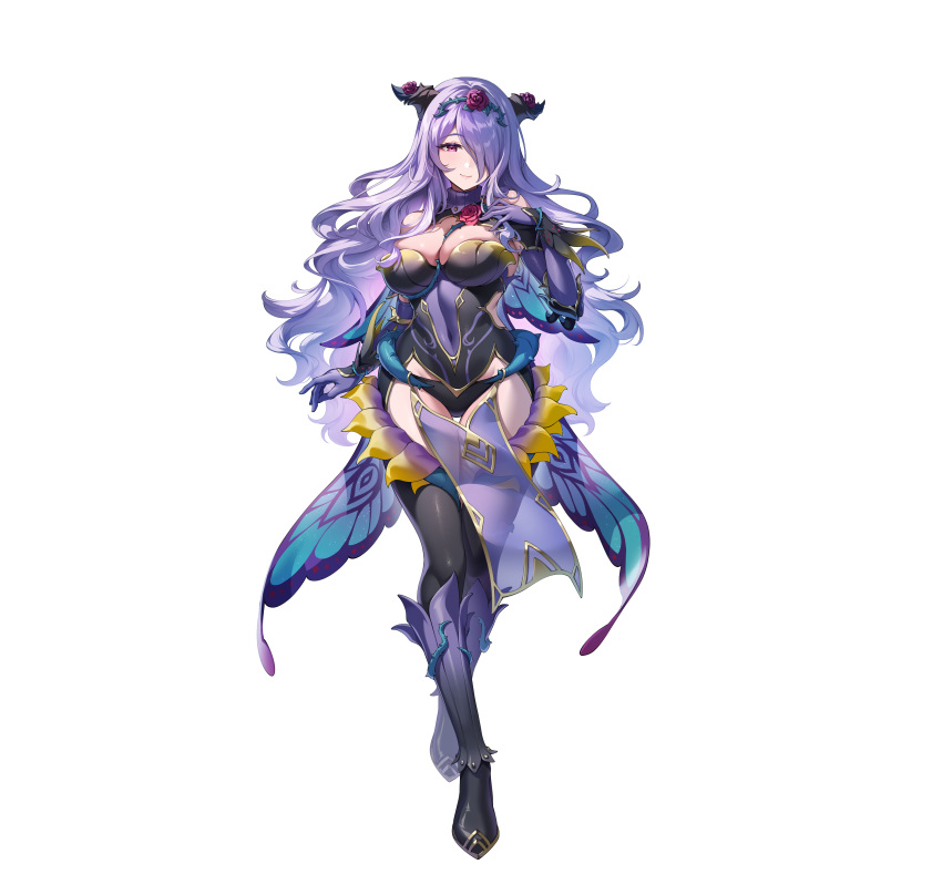 absurdres black_panties black_thighhighs breasts camilla_(fire_emblem) camilla_(resplendent)_(fire_emblem) cleavage fake_horns female fire_emblem fire_emblem_fates fire_emblem_heroes full_body gloves gomashio_ponz hair_over_one_eye highres horns large_breasts long_hair official_alternate_costume official_art panties purple_eyes purple_gloves purple_hair simple_background solo tachi-e thighhighs thighs underwear wavy_hair white_background