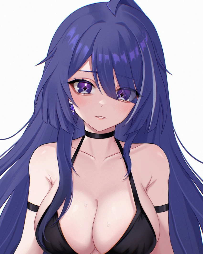 acheron_(honkai:_star_rail) alternate_costume arm_strap armpit_crease bare_shoulders black_choker breasts choker cleavage collarbone commentary criss-cross_halter diamond-shaped_pupils diamond_(shape) dress earrings english_commentary eyes_visible_through_hair female hair_between_eyes hair_over_one_eye halterneck highres honkai:_star_rail honkai_(series) jewelry large_breasts long_hair looking_at_viewer multicolored_hair parted_lips purple_eyes purple_hair simple_background sleeveless sleeveless_dress solo streaked_hair sweat symbol-shaped_pupils upper_body white_background zxcsque