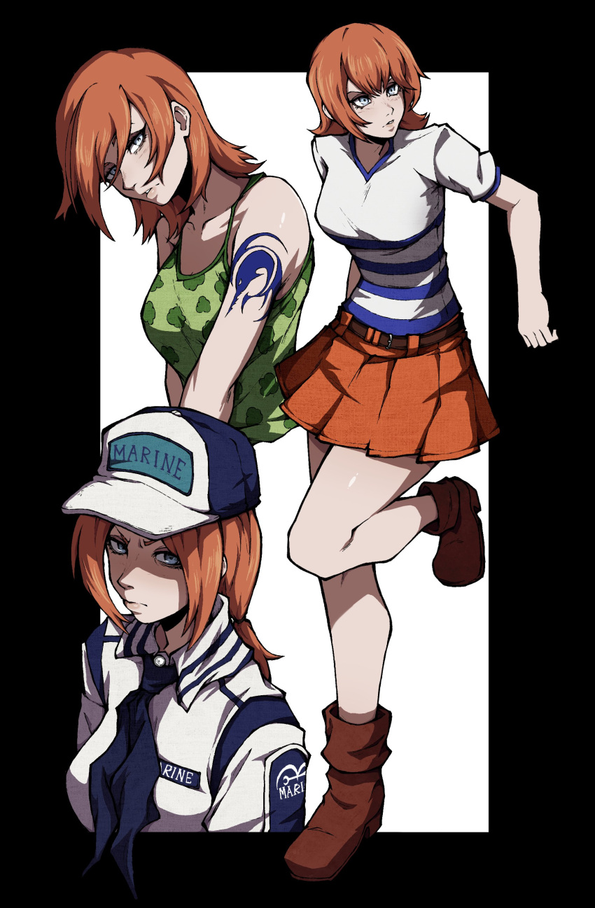 absurdres arm_tattoo blue_eyes boots breasts brown_footwear disguise female green_tank_top hat highres kekel marine_uniform_(one_piece) medium_breasts medium_hair military_uniform multiple_views nami_(one_piece) naval_uniform one_piece orange_hair orange_skirt pleated_skirt shirt skirt striped_clothes striped_shirt tank_top tattoo uniform white_shirt