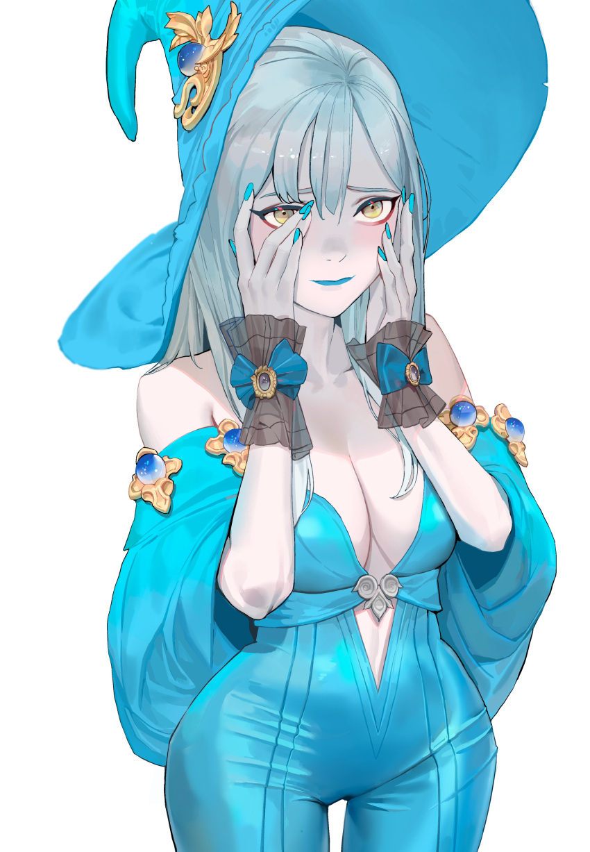 absurdres bare_shoulders blue_bodysuit blue_bow blue_lips blue_nails blush bodysuit bow breasts cleavage collarbone embarrassed female grey_hair hands_on_own_face hat highres long_hair medium_breasts off_shoulder ori_dal original pale_skin solo wide_hips witch_hat wrist_bow wrist_cuffs yellow_eyes