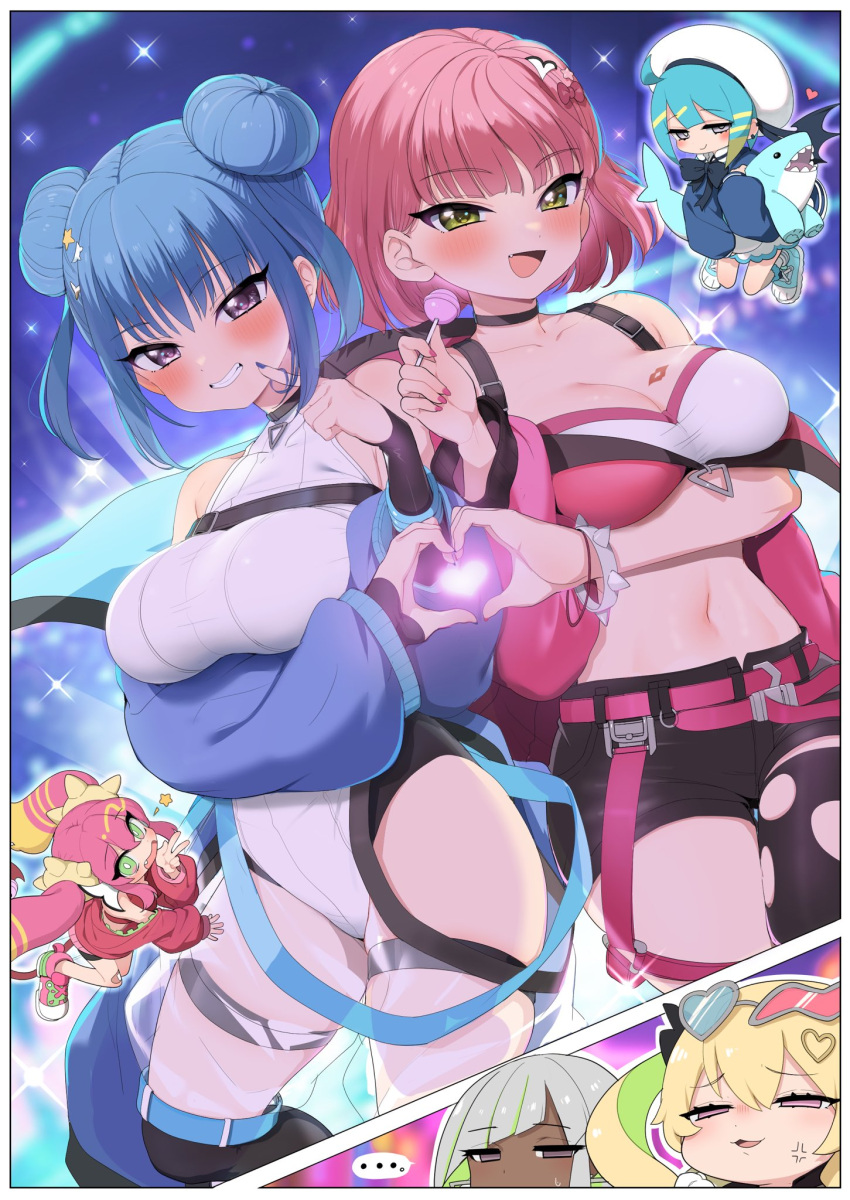 6+girls blue_eyes blue_hair breasts candy commentary_request double_bun duel_monster evil_twin's_trouble_sunny evil_twin_ki-sikil evil_twin_lil-la food gloves green_eyes hair_bun hat highres jacket ki-sikil_(yu-gi-oh!) large_breasts lil-la_(yu-gi-oh!) live_twin_ki-sikil live_twin_lil-la lollipop long_hair looking_at_viewer luna_(dm)_(yu-gi-oh!) multiple_girls open_mouth pink_hair purple_eyes ransusan short_hair smile sunglasses sunny_(yu-gi-oh!) thighhighs tinted_eyewear wings yu-gi-oh! yu-gi-oh!_master_duel